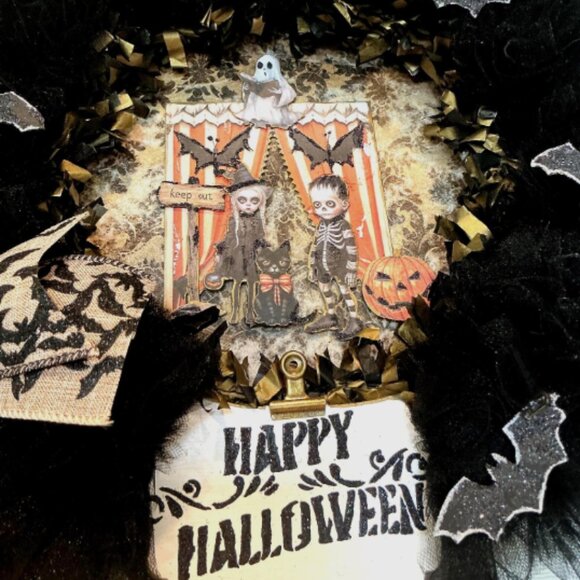 Gothic Vibes , Upcycled Black Tulle Halloween Wreath - Picture 2 of 5